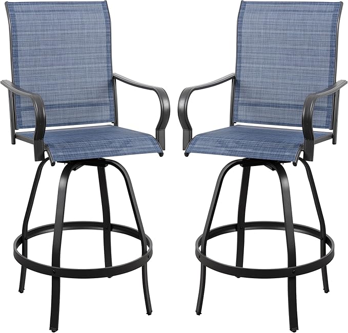 Vongrasig 2 Piece Patio Swivel Bar Chairs, All Weather Metal Textile High Swivel Bar Stools Chairs, Outdoor High Top Bistro Set for Backyard, Lawn Garden, Balcony, Denim Blue