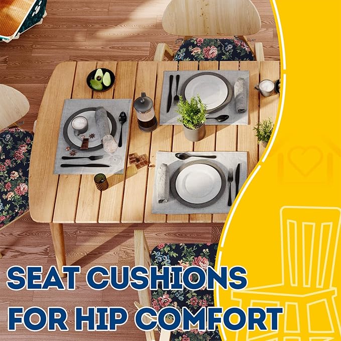 AAAAAcessories D-Shaped Chair Cushions, 2" Thick Dining Chair Pads with Ties and Removable, Machine-Washable Cover, 17" x 16", Set of 4, Night-Blooming Blossoms