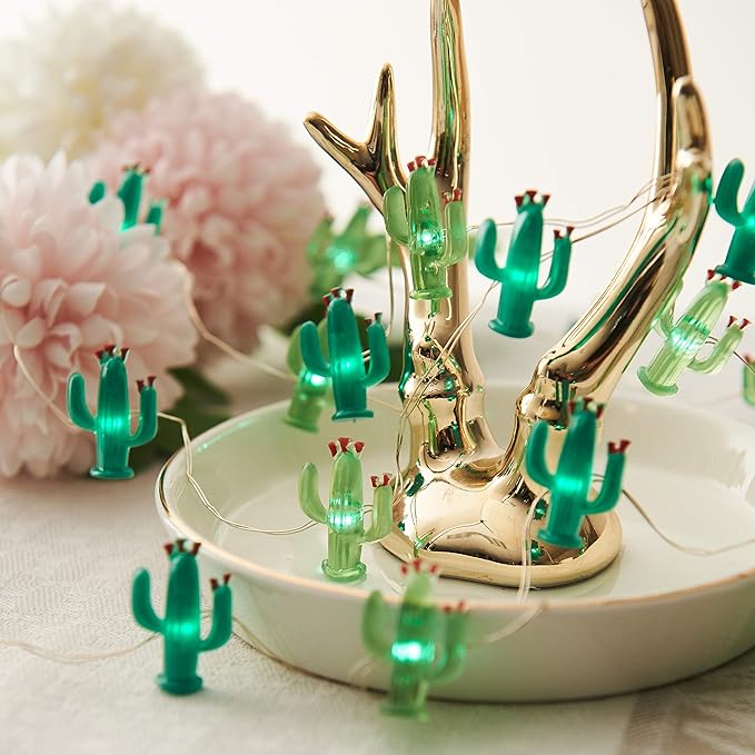 Cactus String Lights Battery Operated with Remote Green Acrylic Cactus Lights for Summer Tropical Decor