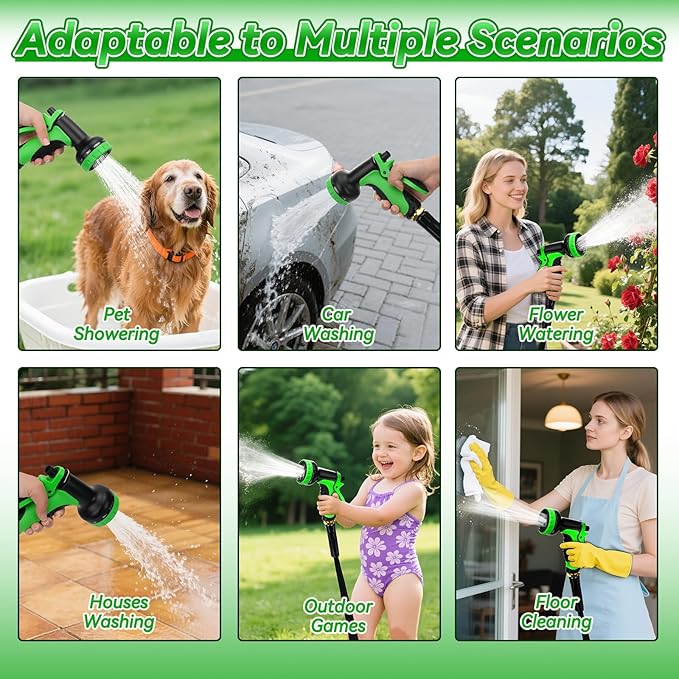 Non-Expanding Garden Hose 100FT, Lightweight Flexible Hose with 10 Function Nozzles, Leak-Proof Metal Interface, Kink Free, Wear-Resistant, Outdoor Long Hose Pipe for Car Wash, Yard, Lawn