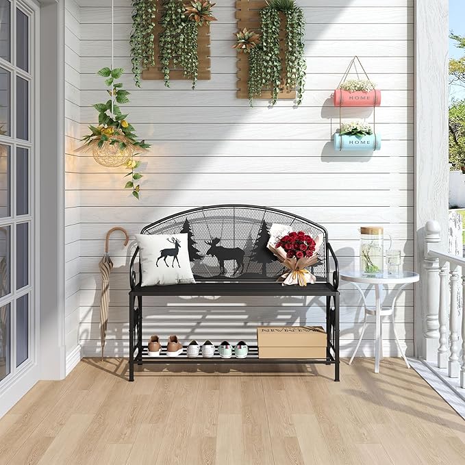 Outdoor Bench, Garden Bench with Backrest and Armrests, Patio Bench with Forest Series Pattern, Anti- Rust Thickened Metal Bench Outdoor for Garden, Yard, Patio, Porch, Lawn and Park