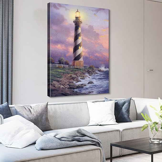 STUDIO HAVEN Thomas Kinkade Canvas Wall Art, Black and White Striped Beacon Glowing Lantern Crashing Waves Twilight Oil Painting Poster Nautical Wall Decor, Framed Prints for Home Decor, 32x48Inch