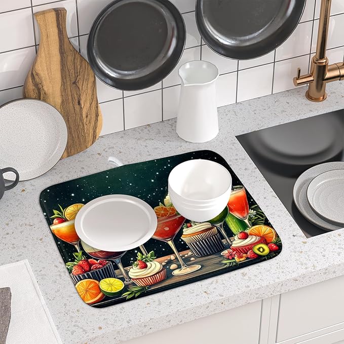Wine Glass Dish Drying Mat - Summer Party Absorbent Microfiber Kitchen Drying Pad 16 X 18 Inch