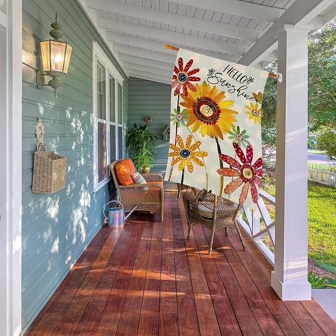 Spring Flowers House Flags for Outdoor, Hello Sunshine Sunflower Daisy Yard Flags for Outside,Summer Seasonal Decorative Flag for Farmhouse Holiday Decoration 28x40 Inch Double Sided