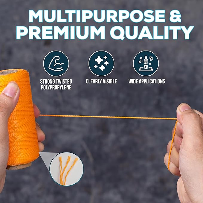 Mason Line String 1.3mm Thick Twisted Polypropylene – Durable Construction Twine for Laying Bricks, Blocks, Fences in Gardening, DIY & Landscaping Projects (Orange, 262 Ft)