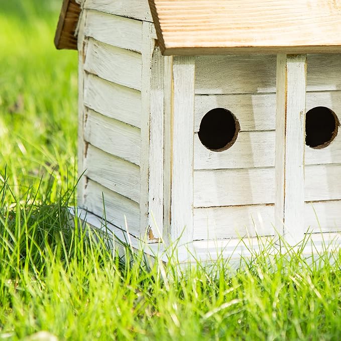 Glitzhome 14.25”L Wood Hanging Birdhouse for Outdoors Oversized Distressed Cottage Painted Bird House Rustic Bird House for Bluebird Wren Chickadee Sparrow Bird Nest Box for Garden Patio, Washed White