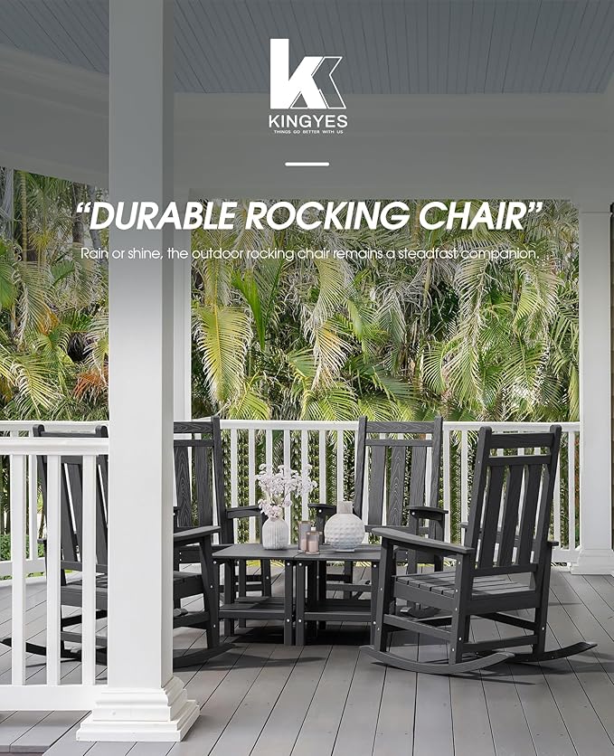 KINGYES Outdoor Rocking Chair, All-Weather Patio Rocking Chairs for Porch, HDPE Rocking Outdoor Chairs with High Back for Adult, Heavy Duty Outdoor Patio Rockers for Garden, Lawn, Black