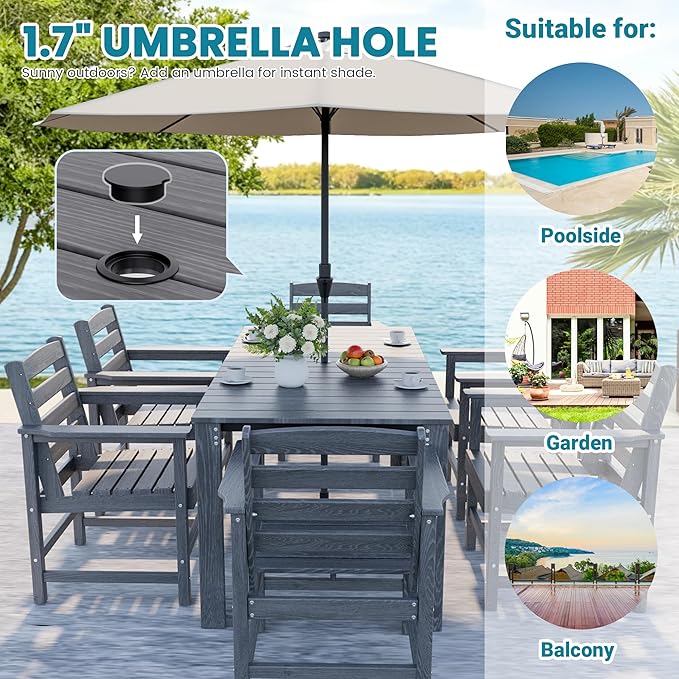 Outdoor HDPE Dining Table Set, 7-Piece Outdoor Dining Table Sets, Wood Grain Patio Furniture Sets with Umbrella Hole for Porch, Backyard, Gray