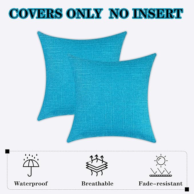 Kevin Textile Pack of 2 Outdoor Waterproof Throw Pillow Covers Solid Checkered Linen Decorative Farmhouse Pillowcases for Garden Patio Tent Balcony Couch Sofa 24 x 24 Peacock Blue