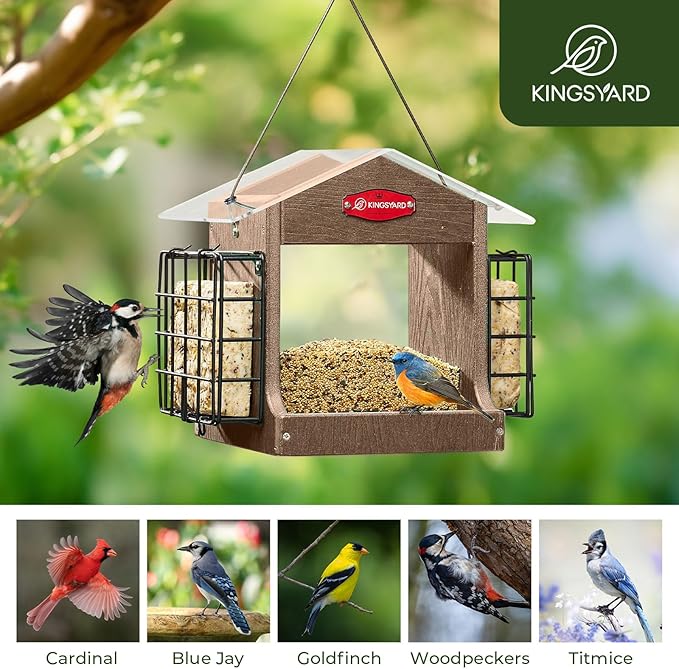 Kingsyard Hopper Bird Feeder for Outdoor Hanging - Recycled Plastic Double Suet Cages Wild Bird Feeder with Metal Mesh Tray and Rainproof Roof, 2.5 LBS Large Capacity. Brown