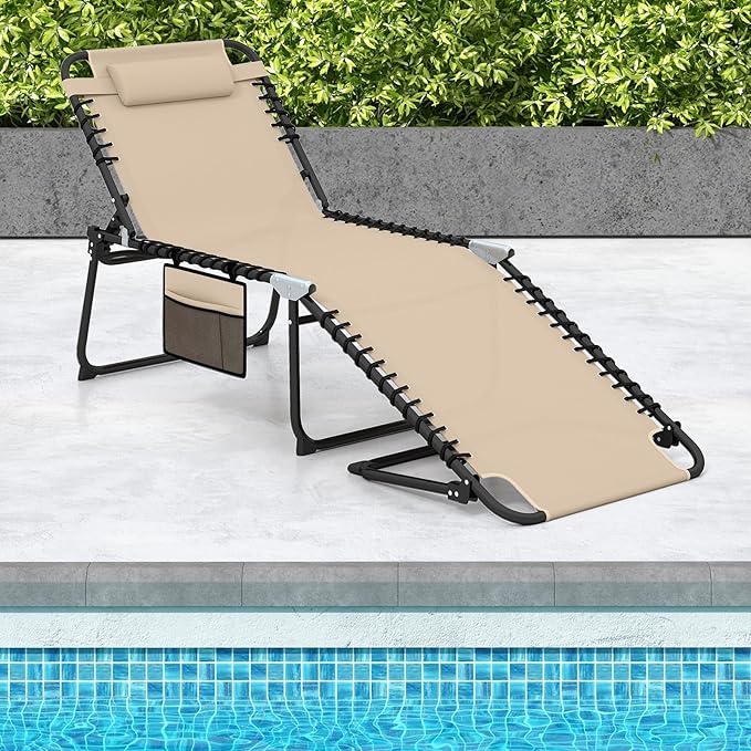 GYMAX Lounge Chair for Outside, 440lbs 27” Oversize Folding Beach Tanning Sunbath Chair with Adjustable Backrest & Removable Pillow, Lightweight Portable Patio Lounger for Lawn Poolside (Sand,1)