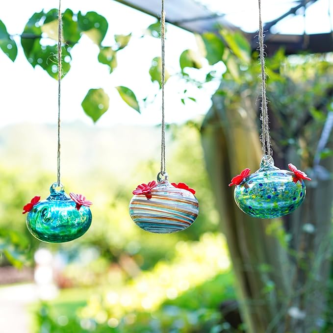 3PCS Small Glass Hummingbird Feeders for Outdoors 3inch Hand Blown Glass Humming Bird Feeder for Window Hanging Ant and Bee Proof Humming Birds Feeders