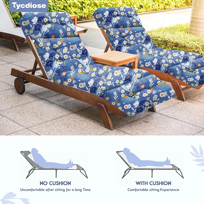 Outdoor Chaise Lounge Chair Cushion Set of 4, Waterproof 74.4 x 22 x 4.7 Inches Memory Foam Thickened Lounge Chair Cushions Replacement for Outdoor Furniture with Ties, Blue Floral