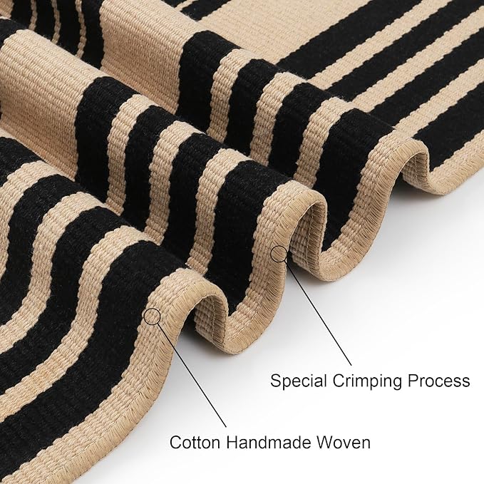 Black and Khaki Striped Outdoor Rug 24"x35", Cotton Hand-Woven Foldable Front Door Mat, Washable Reversible Layered Door Mats for Entryway Porch Decor Home Entrance