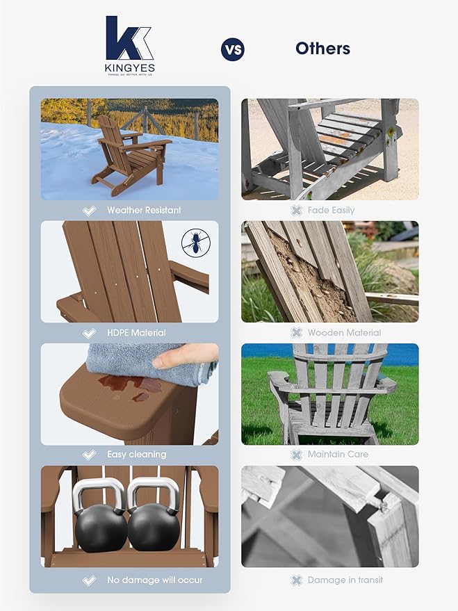 KINGYES Folding Adirondack Chair Set of 4, Dual Cup Holders & All-Weather HDPE, Wood-Like Patio Chair for Backyard, Camping, Pool & Fire Pit, Brown