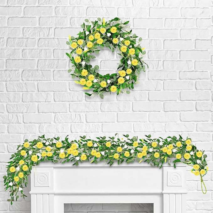 6.5 Ft Summer Garland for Mantle Artificial Yellow Daisy Swags Spring Wedding Decor Yellow Wildflower White Flowers Garland Vine for Porch Table Indoor Door Home All Year Decoration
