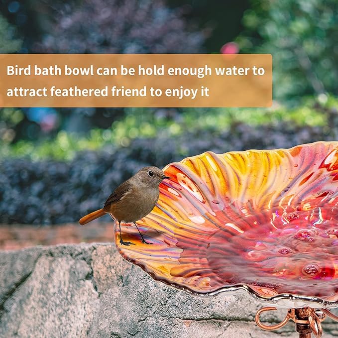 MUMTOP 26 Inch Height Glass Birdbath Birdfeeder with Metal Stake Garden Outdoor Red