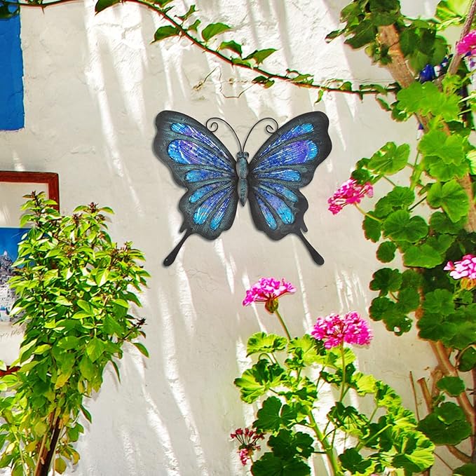 HONGLAND Metal Butterfly Wall Decor Outdoor Indoor Art Sculpture Hanging Glass Decorations Blue for Home Garden Bedroom