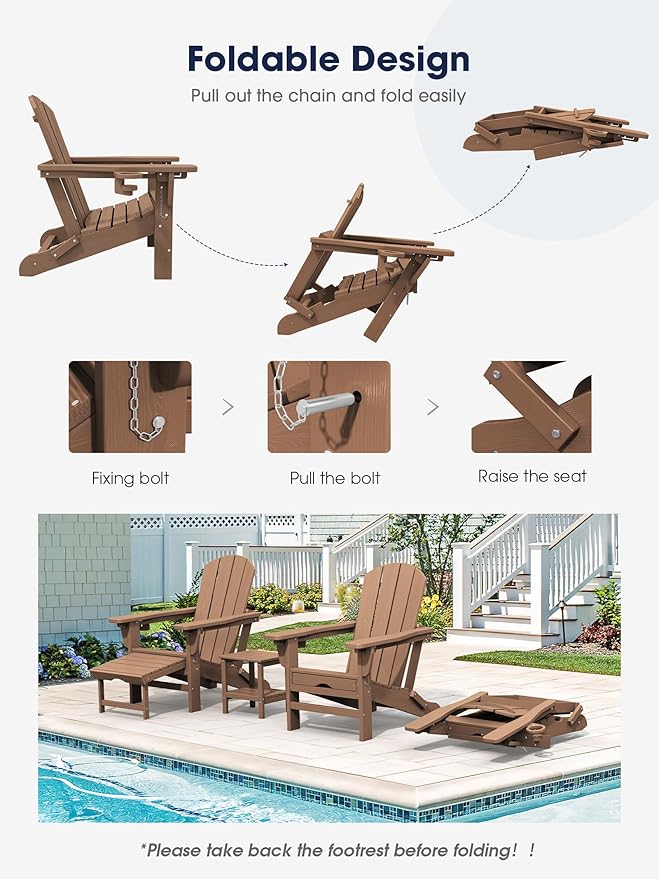 KINGYES Folding Adjustable Adirondack Chair with Retractable Ottoman Set of 6, HDPE All Weather Chair with Cup Holder - Recliner Adirondack Chair, Brown