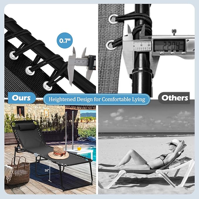 GYMAX Lounge Chairs for Outside, Extra High Folding Beach Tanning Lounger with 4-Level Adjustable Backrest, 2-Level Footrest & Removable Pillow, Sunbathing Lounge for Patio, Lawn, Poolside (2, Black)