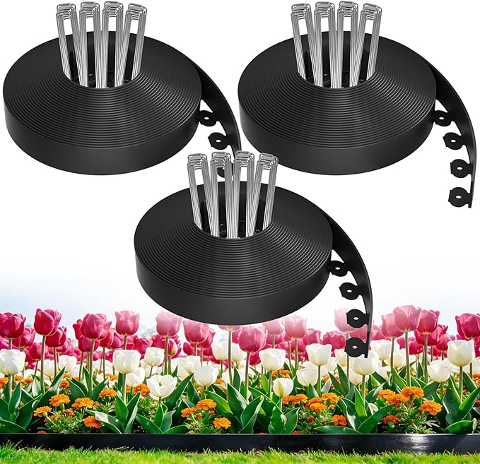 200ft,1.5in Tall Landscape Edging Kit with 300 Metal Spikes, Not Digging Flexible Plastic Edge Border for Landscaping, Lawn,Garden,Flower Beds,Yard,Paver,Playground, Fence,Pathway,3pack, 66.7ft Each