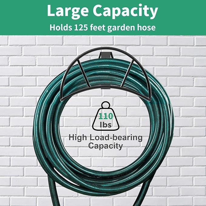 TomCare Garden Hose Holder Wall Mount Metal Water Hose Holder Holds 125Ft Hoses Heavy Duty Hose Hanger Sturdy Hoses Storage Organizer for Outside Yard Garden, Black