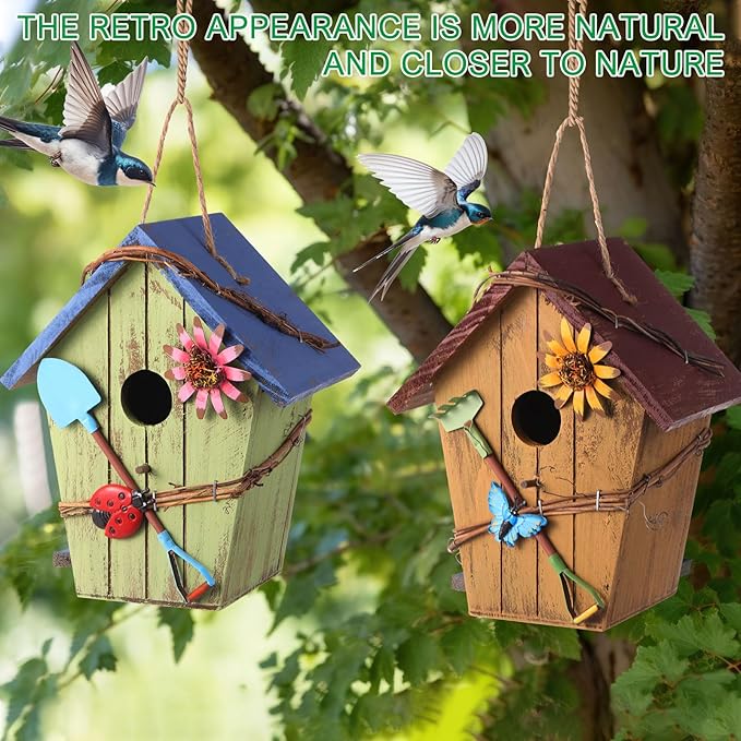 2 Pcs Decorative Birdhouse for Yard Outside Hanging Wooden Birdhouse Hand Painted Bird Box for Bird Lovers Bluebird Tree Swallow Wild Chickadee Garden Decor(Bright Color,Wooden Roof)