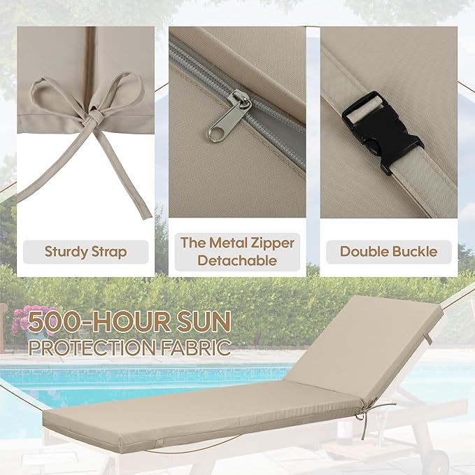 Only choice 2 PCS Set Outdoor Chaise Lounge Cushion, 75 x 24 in Lounge Chair Cushion Water Resistant Fabric for Lawn, Pool, Replacement Seat Cushion for Patio (Khaki)