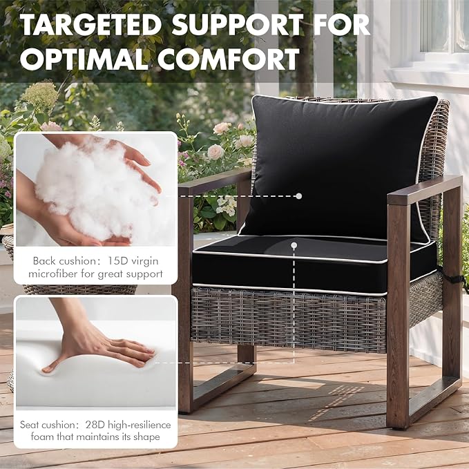 MIULEE Black Outdoor Seat Cushion 22x24 Inch Waterproof & 3 Year Fade Resistant Deep Seat and Back Cushion for Patio Furniture Chair Sofa Couch with Handle and Adjustable Straps