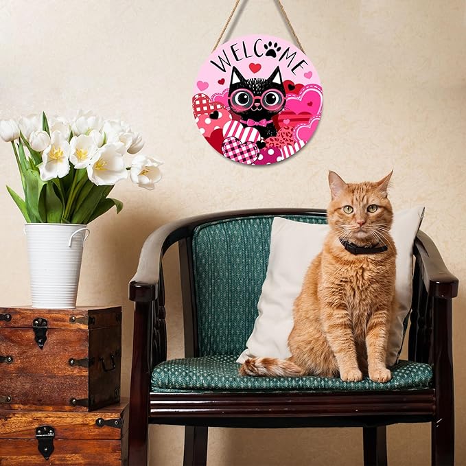 Welcome Valentine's Day Black Cat Door Sign For Front Door Decor,Pink Love Heart Wooden Sign 12"x 12" Round Wood Hanging Door Sign Anniversary Wedding Decoration for Wall Rustic Decor