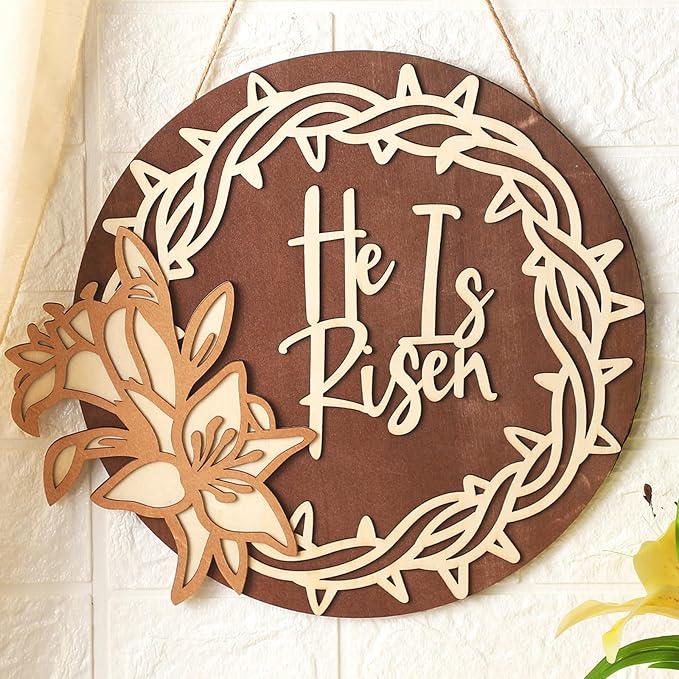 Juexica Easter Cross Door Sign Easter Wall Hanging Decor He is Risen Decorations Religious Wood Hanger for Front Door Front Porch Home Indoor Outdoor Spring Pediments