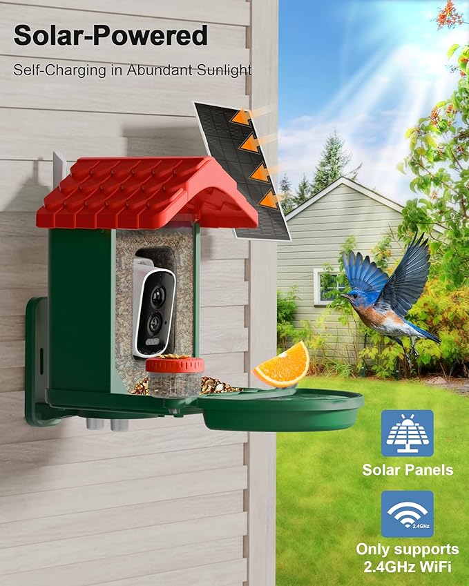 2-in-1 Smart Wild Bird Feeder & Bath with 4K HD Camera, AI Identification Solar Bird Feeder Watching Camera Night Vision for Outdoor Birds Watching Gifts for Birdlover, Red & Green