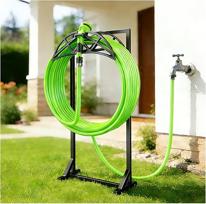 Garden Hose Holder, Heavy-Duty Metal Stand with Stable Base & 2 Tool Hooks, Freestanding Storage Rack for Outside, Holds 150ft – Hose Holders for Yard & Lawn
