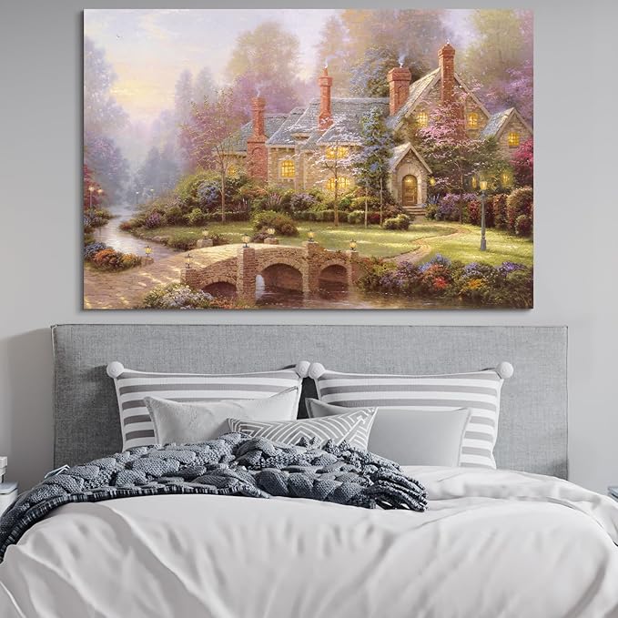 STUDIO HAVEN Thomas Kinkade Canvas Wall Art, Riverfront Manor Stone Bridge Grand Cottage Lush Garden and Misty Stream Oil Painting Poster Rustic Wall Decor, Framed Prints for Home Decor, 28x20Inch