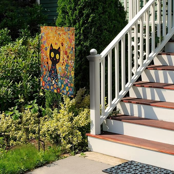 Cute Black Cat in The Flower Garden Welcome Garden Flag 12×18 Inch Small Vertical Double Sided Wild Flowers Floral Leaf Botanical Plants Flag Farmhouse Flags Yard Holiday Decoration
