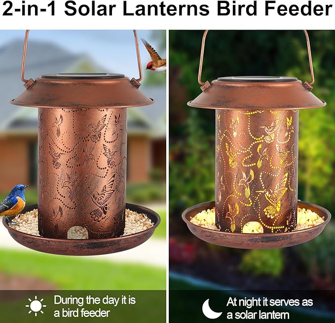Hummingbird Solar Bird Feeder for Outdoors Hanging Solar Lanterns Waterproof Metal Wild Bird Feeders Garden Outside Yard Decor Christmas Birthday Gifts for Women Mom