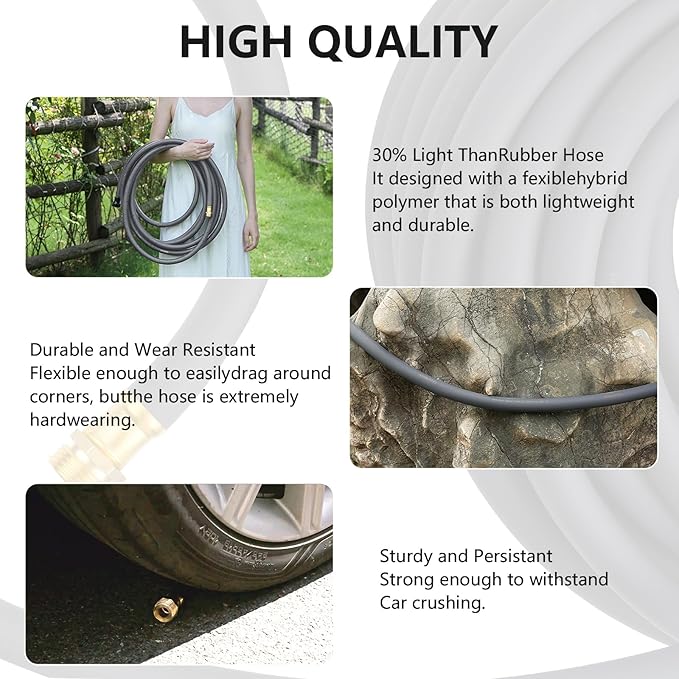 Garden Hose 5/8" x 100ft Brass Rubber Heavy Duty Water Hose 600 PSI Burst Pressure, Durable Flexible Hose for Yard, Car Wash, Pets Gray