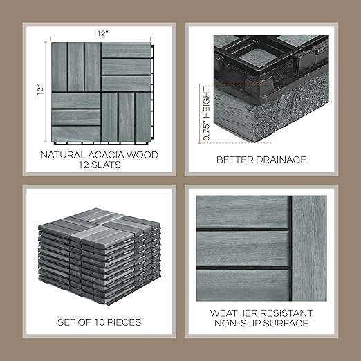 10 Pcs Deck Tiles, Patio Flooring - Outdoor Waterproof Acacia Wood Tiles for All Weather Use - Balcony, Backyard, Indoor & Outdoor (Grey Crossed Pattern, 10 Square Ft)