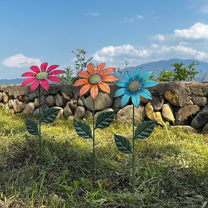 Metal Flowers for Outside,8 Pack 16.15" Decorative Garden Stakes with Swaying Flowers Head Yard Art,Spring Garden Decor for Lawn, Pathway & Garden