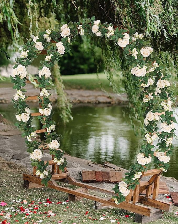 U'Artlines 5 Pack Artificial Champagne Rose Vines Floral Garlands Total 32.5 Ft Fake Vine Silk Flower Garland for Indoor Outdoor Home Wedding Arch Garden Wall Decoration