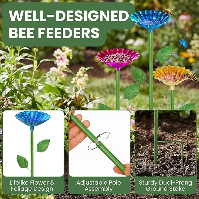 3 Pack Bee Watering Station for Garden, Metal Bee Bath and Feeder Cups with Colorful Flower Design, Butterfly Bee Bath Bowls and Water Feeder for Outdoor Garden Yard Decor (Red, Yellow, Blue)