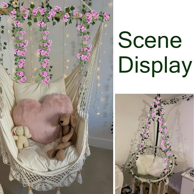 2 Pcs Artificial Flowers Garland for Outdoors Purple Faux Gardenia Garland 12Ft Silk Rose Hanging Vines Floral for Wedding Arch Party Wall Garden Ceremony Backdrop Fence Spring Decor