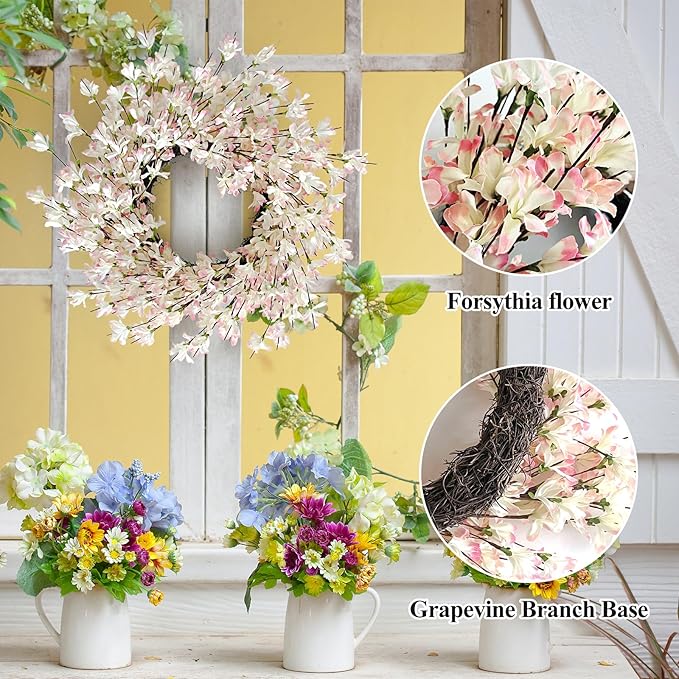 Spring Wreath for Front Door, 24 Inch Spring Forsythiaon Wreath Front Door Pink Forsythiaon Grapevine Wreaths for Festival Celebration Front Door Wall Window Decoration Home Decor