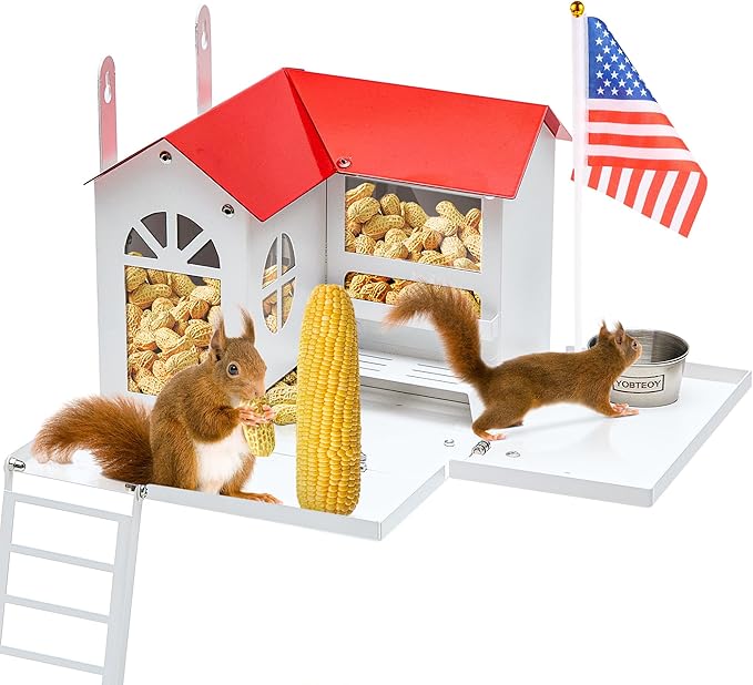 Metal Squirrel Feeder for Outside with Water Bowl, Hanging Squirrel House for Outdoors with Flag Ladder and Corn Cobs Holder, Peanut Feeder for Chipmunks, Mount on Trees or Fences