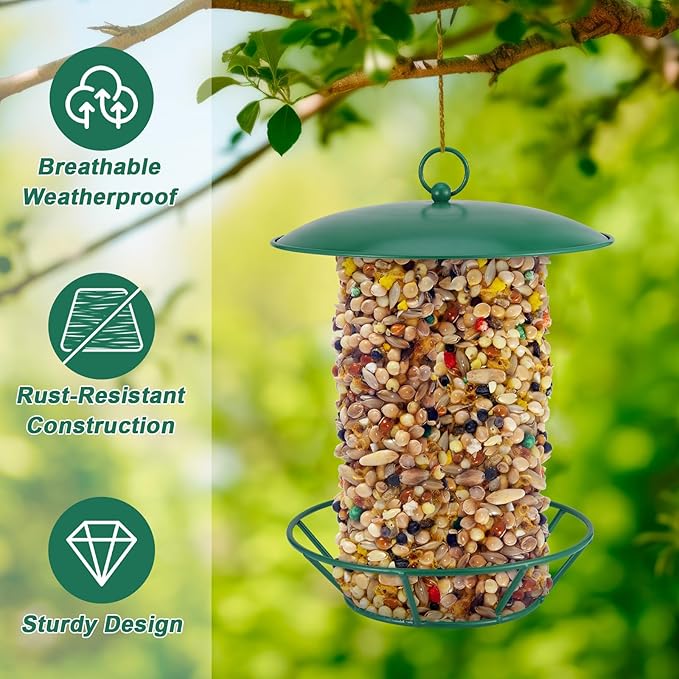 2 Pcs Suet Feeder Cylinder Bird Feeder S-6-2 Seed Cake Feeders Green Metal Feeders for Hanging Garden Backyard Outdoors Wild Birdfeeding