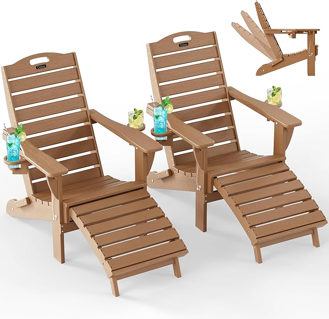 Ciokea Folding Adirondack Chair Set of 2 with Retractable Ottoman Fire Pit Patio Chair with Pull Out Foot Rest Weather Resistant Lawn Outdoor Chair with 2 Cup Holder (Teak)