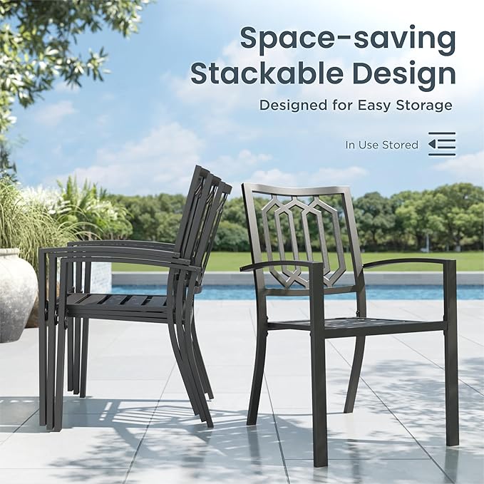 PHI VILLA Patio Dining Set 8 PCS with 13ft Double-Sided Patio Umbrella(Orange Red)，Metal Outdoor Dining Set - 6 x Outdoor Stackable Chairs, 1 x 60"x38"Rectangle Dining Table and 1 Umbrella