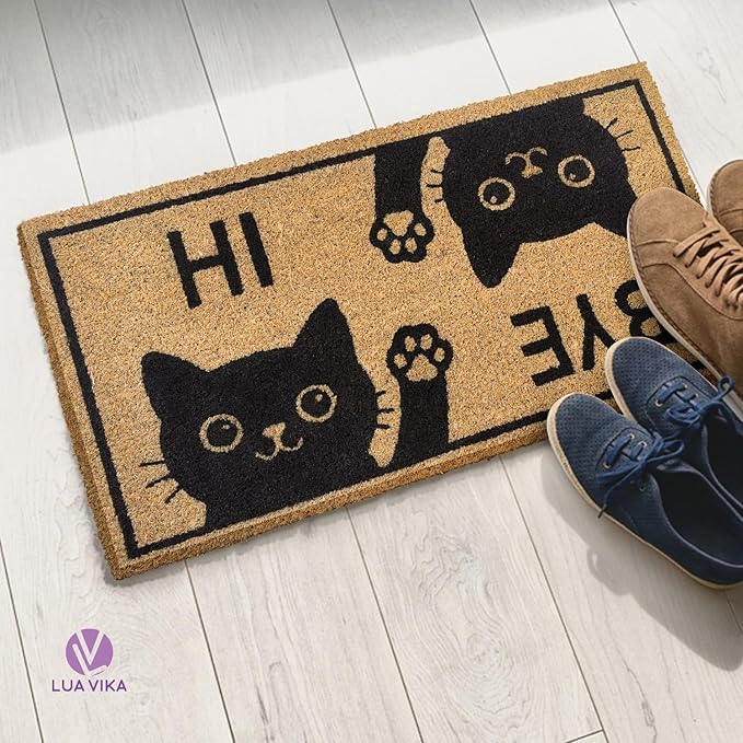 Coir Doormat Outdoor Entrance - Hi Bye Cat - 17"x30" - Funny Door mats Outside - Welcome mat Funny - Indoor/Outdoor Doormat