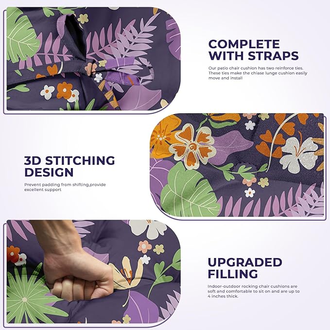 Rocking Chair Cushion, Waterproof Chairs Cushions for Adirondack Chairs Patio Chair High Back Thicked Cushions Outdoor and Indoor with Ties, Purple Flower Leaves