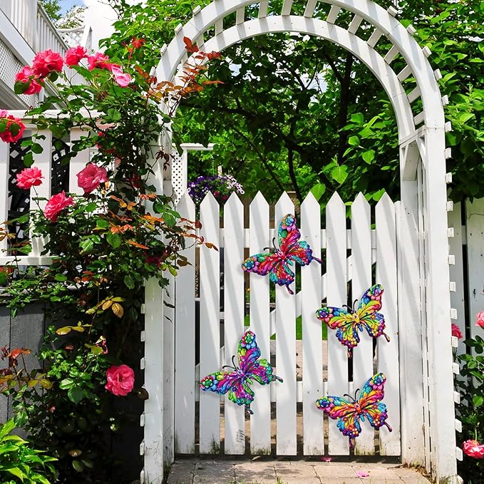 SUNREEK 4Pcs Metal Butterfly Wall Decor, 9 Inches Butterfly Outdoor Wall Art for Fence Garden Yard Room Patio Balcony Decorations